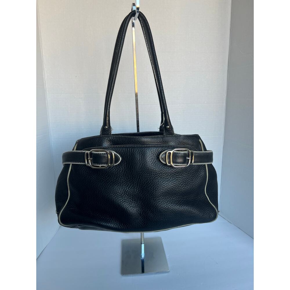 Cole Haan Stone Village Large Black Pebble Leather with Ivory Trim‎ Shoulder Bag